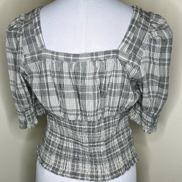 Universal Thread Milkmaid Top Medium Puff Sleeve Gray Woven Smocked Plaid New - Picture 5 of 11